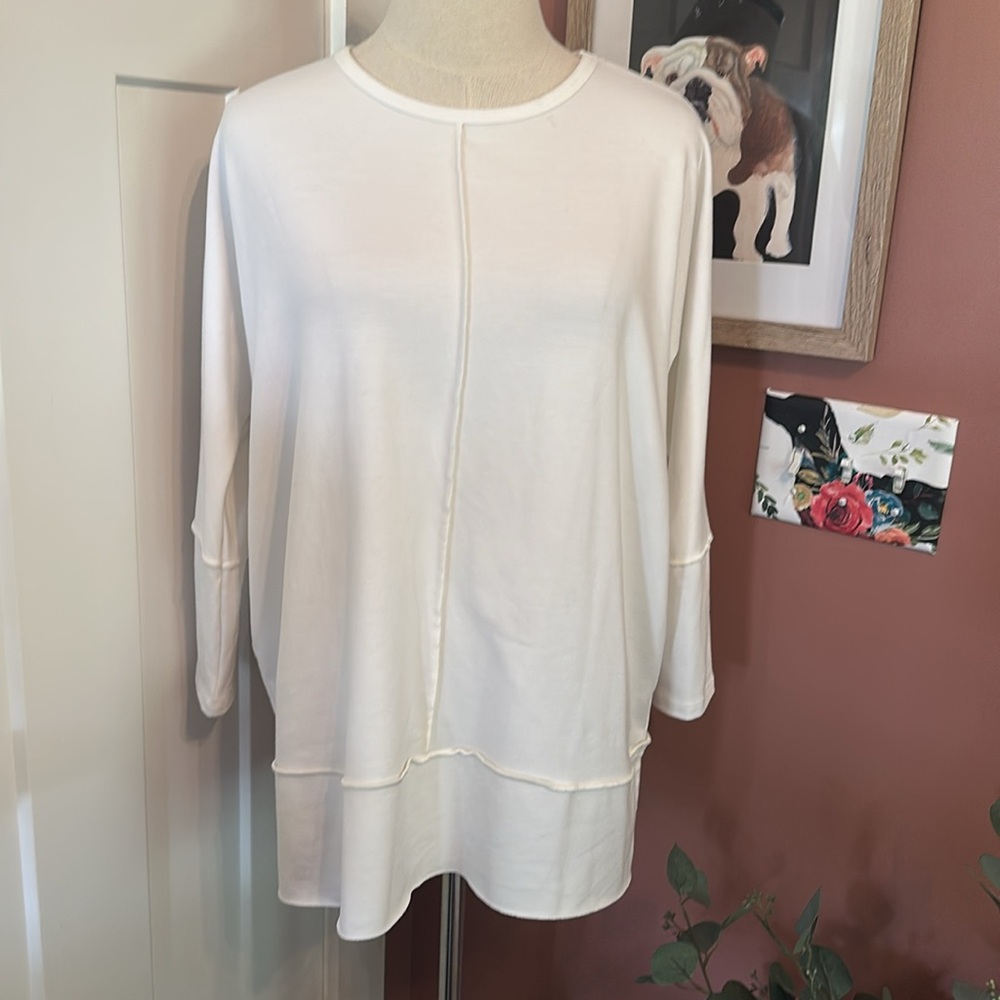 Spanx Perfect Length white 3/4 sleeve crewneck sweatshirt S exposed seams top - Picture 4 of 12